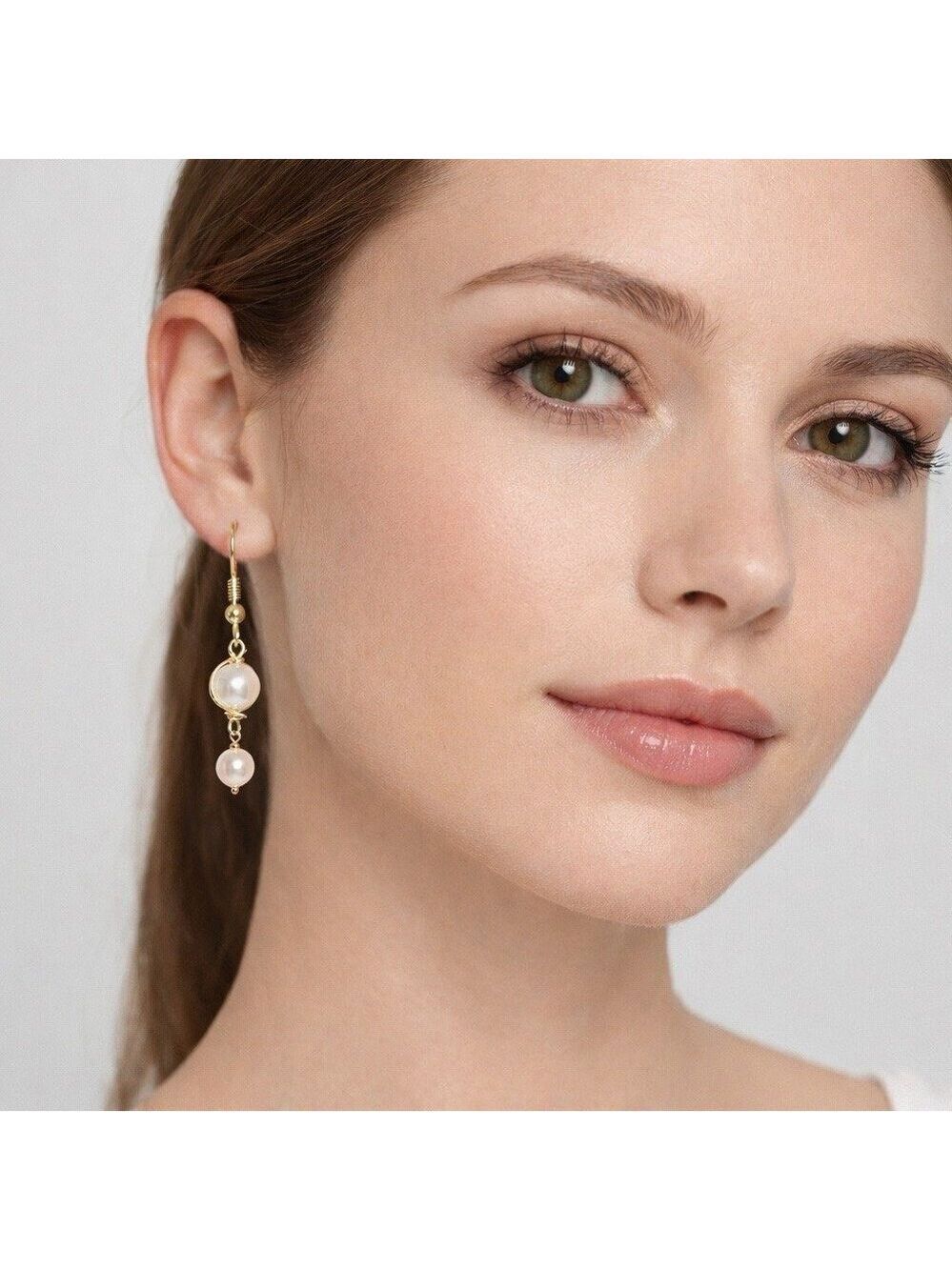 REIMAGINED Faux Glass Pearl Dangle Earrings Gold Tone Hypoallergenic Hooks